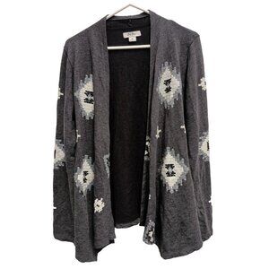 Lucky Bliss Womens Cardigan Medium Gray White Embroidered Open Southwest BOHO